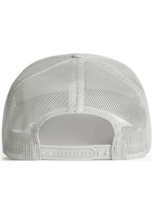Back view of a white mesh baseball cap with an adjustable snap strap