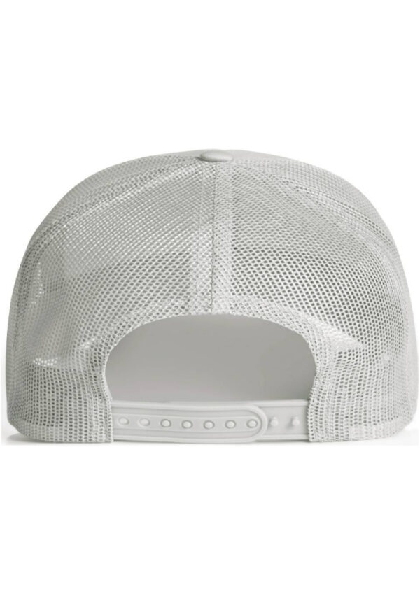 Back view of a white mesh baseball cap with an adjustable snap strap