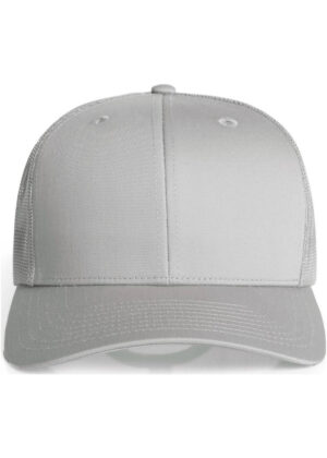 Gray baseball cap photographed from the front, featuring a curved brim and stitched crown panels.