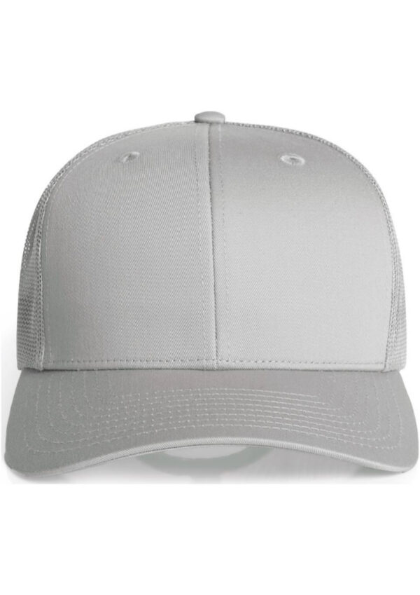 Gray baseball cap photographed from the front, featuring a curved brim and stitched crown panels.
