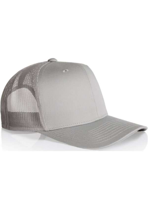 Gray trucker hat with mesh back and curved brim.