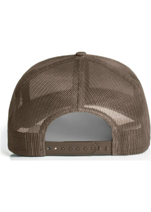 Back view of a brown mesh trucker hat with an adjustable plastic snap strap