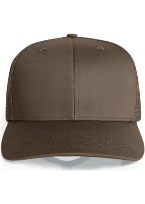 Brown trucker cap with mesh back and curved brim