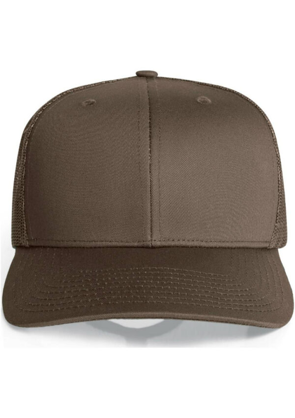 Brown trucker cap with mesh back and curved brim