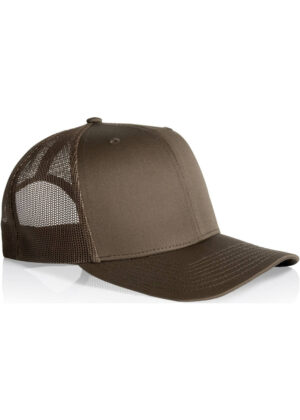 Brown trucker hat with a curved brim and mesh back paneling on white background.