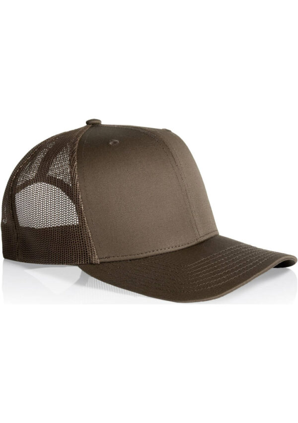 Brown trucker hat with a curved brim and mesh back paneling on white background.