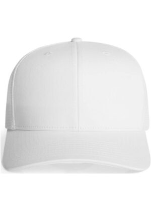 Front-facing white baseball cap with curved brim, plain design.
