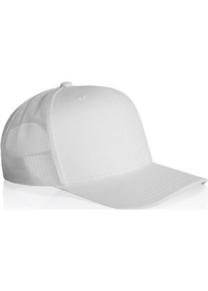 White baseball cap with a mesh back and curved brim, shown from a side angle.