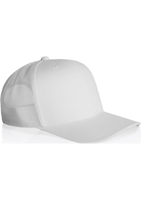 White baseball cap with a mesh back and curved brim, shown from a side angle.