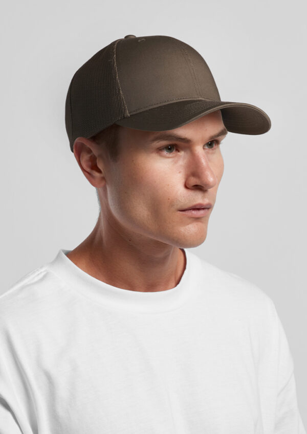 as1190_worn_00.jpg Portrait of a man wearing a brown baseball cap and white T-shirt, looking to the right.