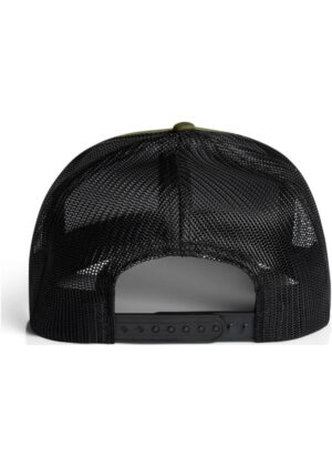 Back view of a black mesh trucker cap with an adjustable snapback strap