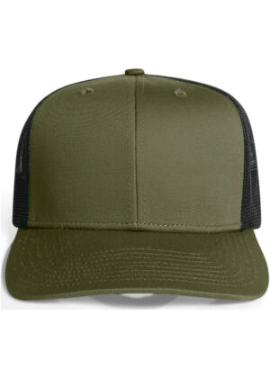 Olive green trucker cap with a black mesh back and curved bill, shown from the front.