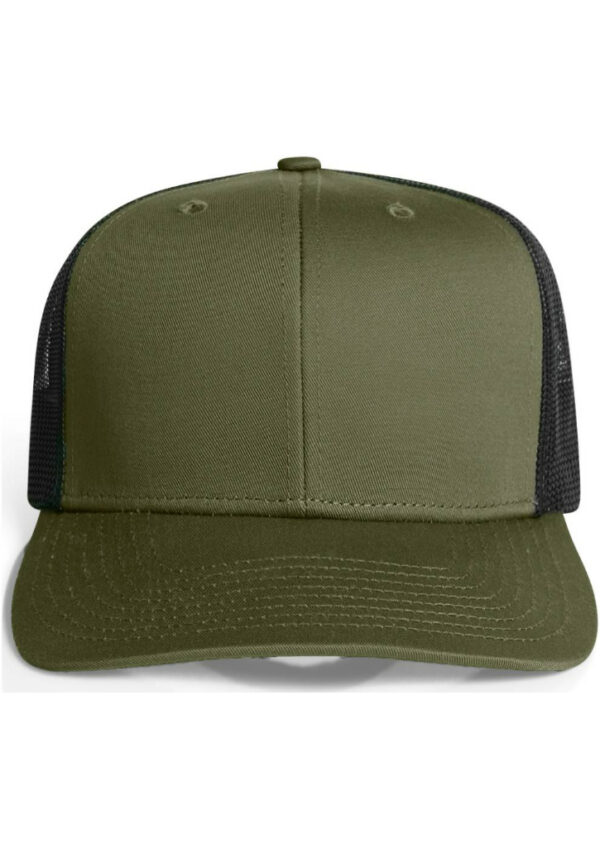 Olive green trucker cap with a black mesh back and curved bill, shown from the front.