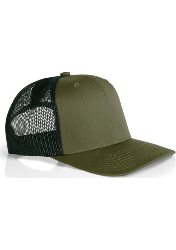 Olive green front panel trucker cap with black mesh back and curved brim on white background