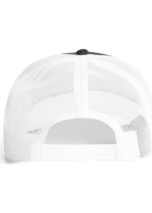Back view of a white mesh baseball cap with an adjustable snapback strap