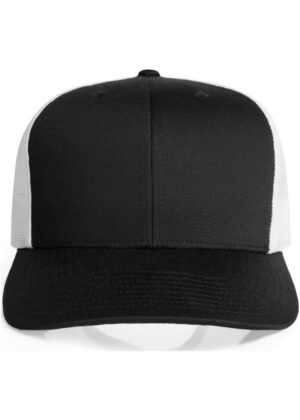 Black baseball cap with a solid black front panel and white mesh back, front view, brim facing forward