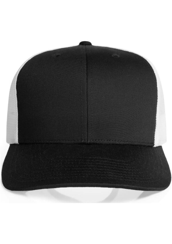 Black baseball cap with a solid black front panel and white mesh back, front view, brim facing forward