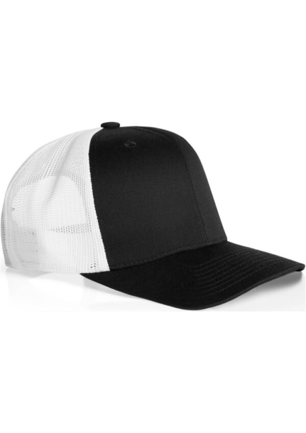 Black front-panel trucker hat with white mesh back, resting on a white surface, angled to show the brim.—informative caption for product image.