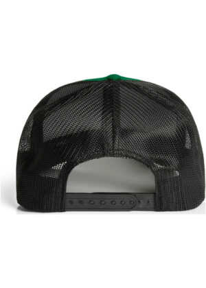 Back view of a black mesh snapback hat with a green button on top and adjustable plastic strap at the rear.
