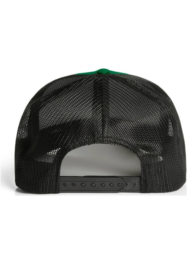 Back view of a black mesh snapback hat with a green button on top and adjustable plastic strap at the rear.
