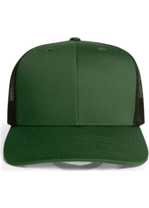 Front view of a green trucker cap with black mesh back and curved brim.