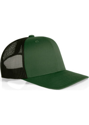 Green trucker cap with a solid green front and black mesh back on a white background.