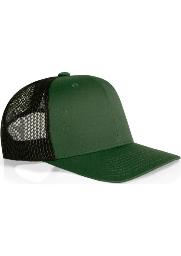 Green trucker cap with a solid green front and black mesh back on a white background.