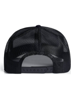 Back view of a black mesh baseball cap with an adjustable snapback strap drawn in the center