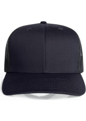 Navy blue trucker cap with a curved brim and mesh back, front view.