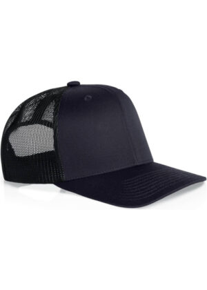 Black trucker hat with a curved brim and mesh back on a white background