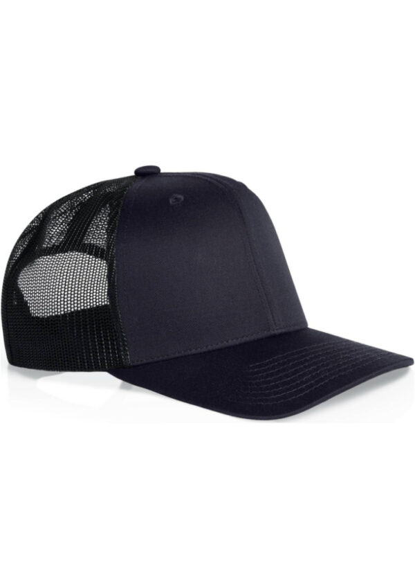 Black trucker hat with a curved brim and mesh back on a white background