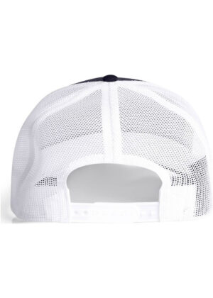 Back view of a white mesh baseball cap with an adjustable snapback closure farthest from the face.