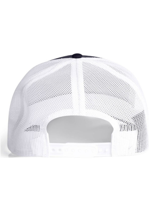 Back view of a white mesh baseball cap with an adjustable snapback closure farthest from the face.