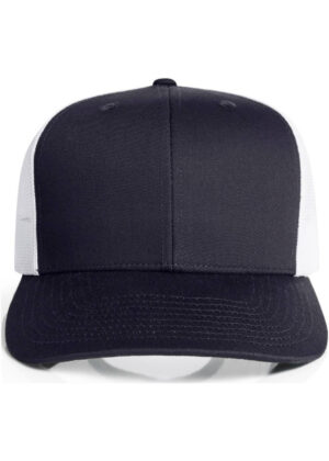 Navy blue and white trucker baseball cap displayed from the front.