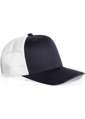 Navy blue front-panel trucker hat with white mesh back and a curved brim.