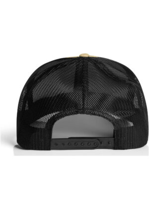 Back view of a black mesh trucker hat with an adjustable snapback strap