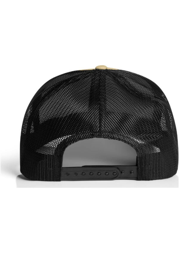 Back view of a black mesh trucker hat with an adjustable snapback strap