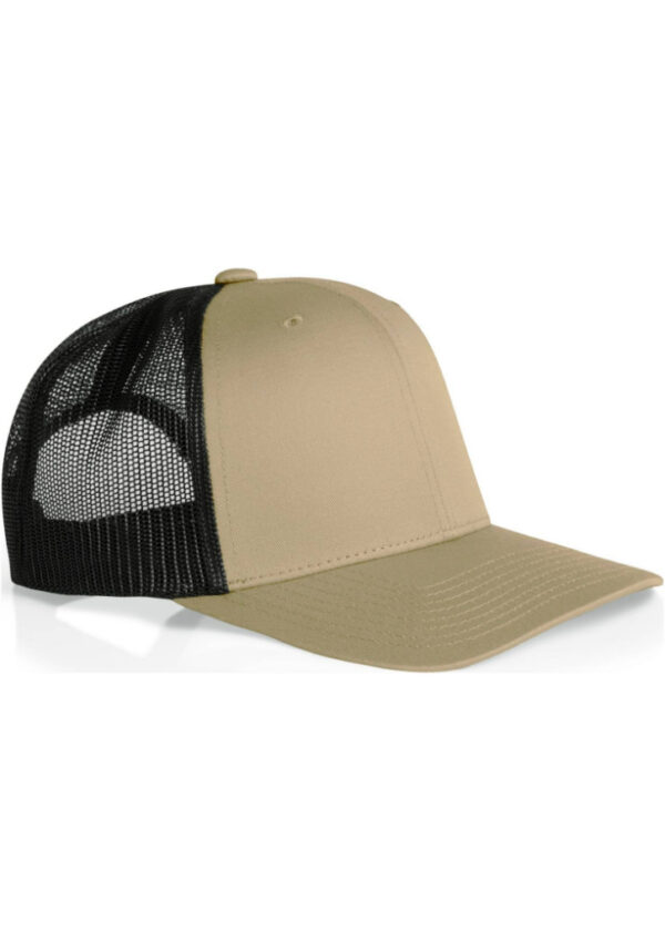 Tan front-panel trucker hat with black mesh back, viewed from the side.