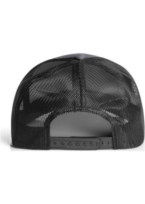Back view of a black mesh trucker hat with an adjustable snap closure on a plain white background.
