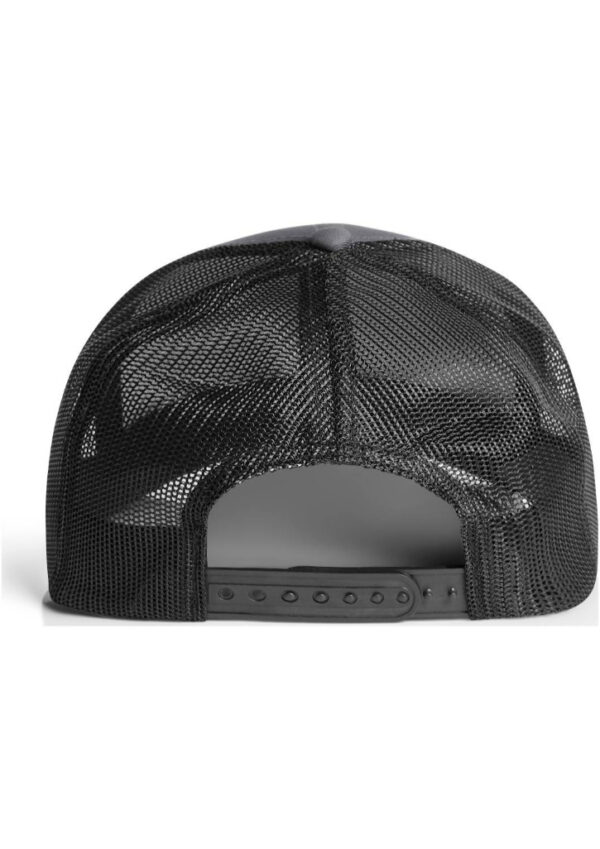 Back view of a black mesh trucker hat with an adjustable snap closure on a plain white background.