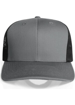 Front view of a gray trucker cap with black mesh back.