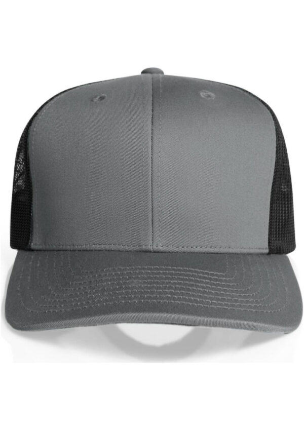 Front view of a gray trucker cap with black mesh back.