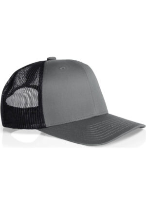 Grey trucker cap with a mesh back and curved brim (side view)