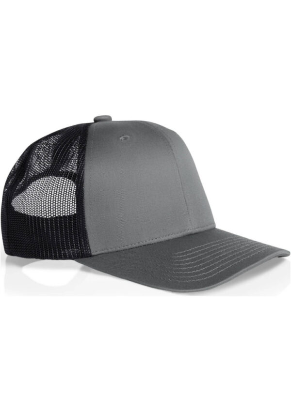 Grey trucker cap with a mesh back and curved brim (side view)