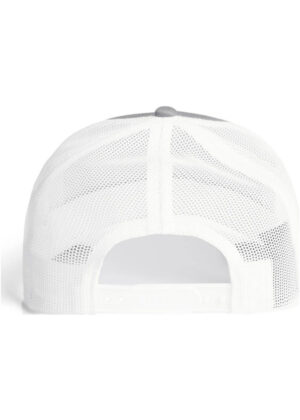 Back view of a white mesh trucker cap with an adjustable snap closure