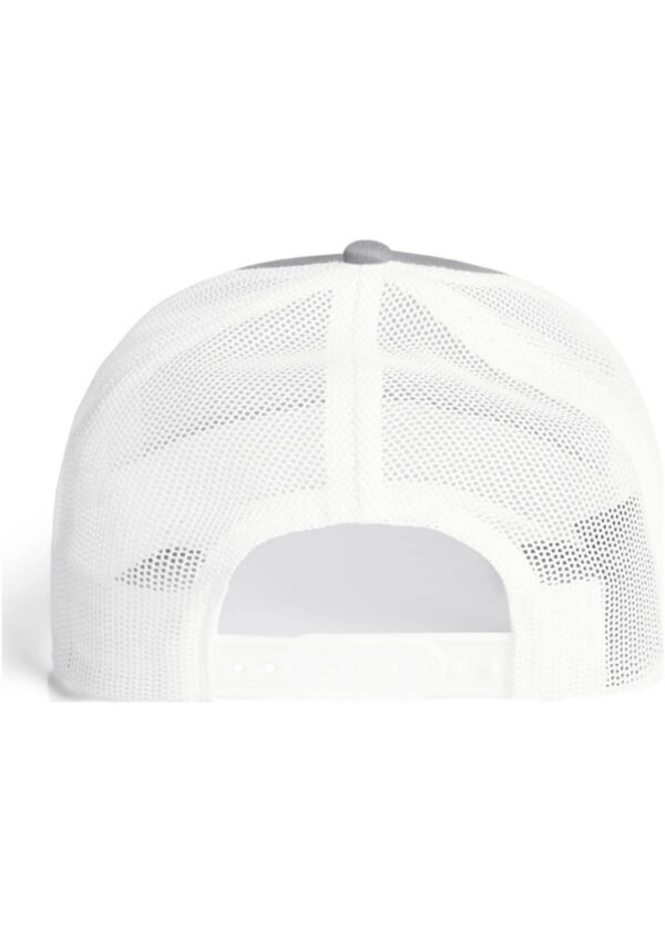 Back view of a white mesh trucker cap with an adjustable snap closure