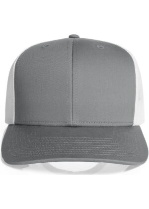 Gray trucker hat with white mesh sides, front panel in solid gray (front view).