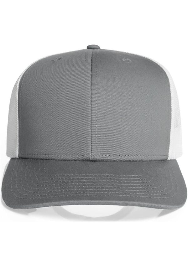 Gray trucker hat with white mesh sides, front panel in solid gray (front view).