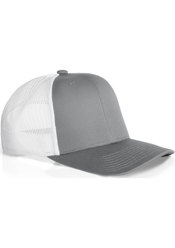 Grey baseball cap with white mesh back and curved brim on a white background, side view.
