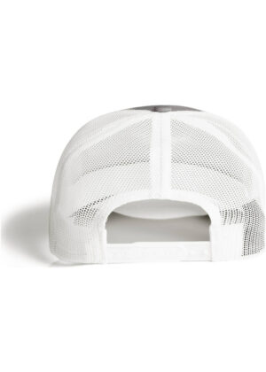 White mesh trucker hat viewed from the back, showing the adjustable snap strap.
